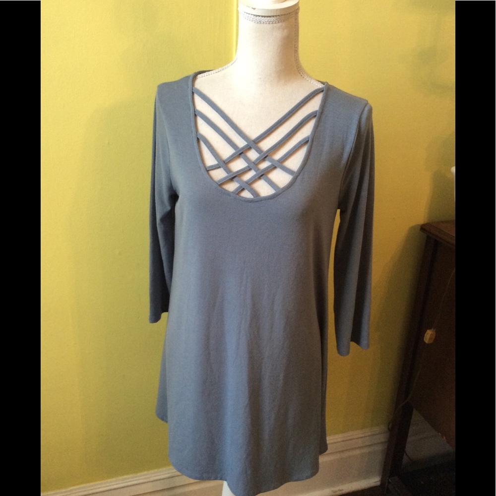 Grayish Blue Soft Tunic w/Crisscrossed Bodice Sz M